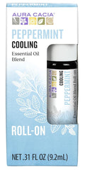 Aura Cacia peppermint roll-on bottle offers portable cooling aroma for quick refresh.