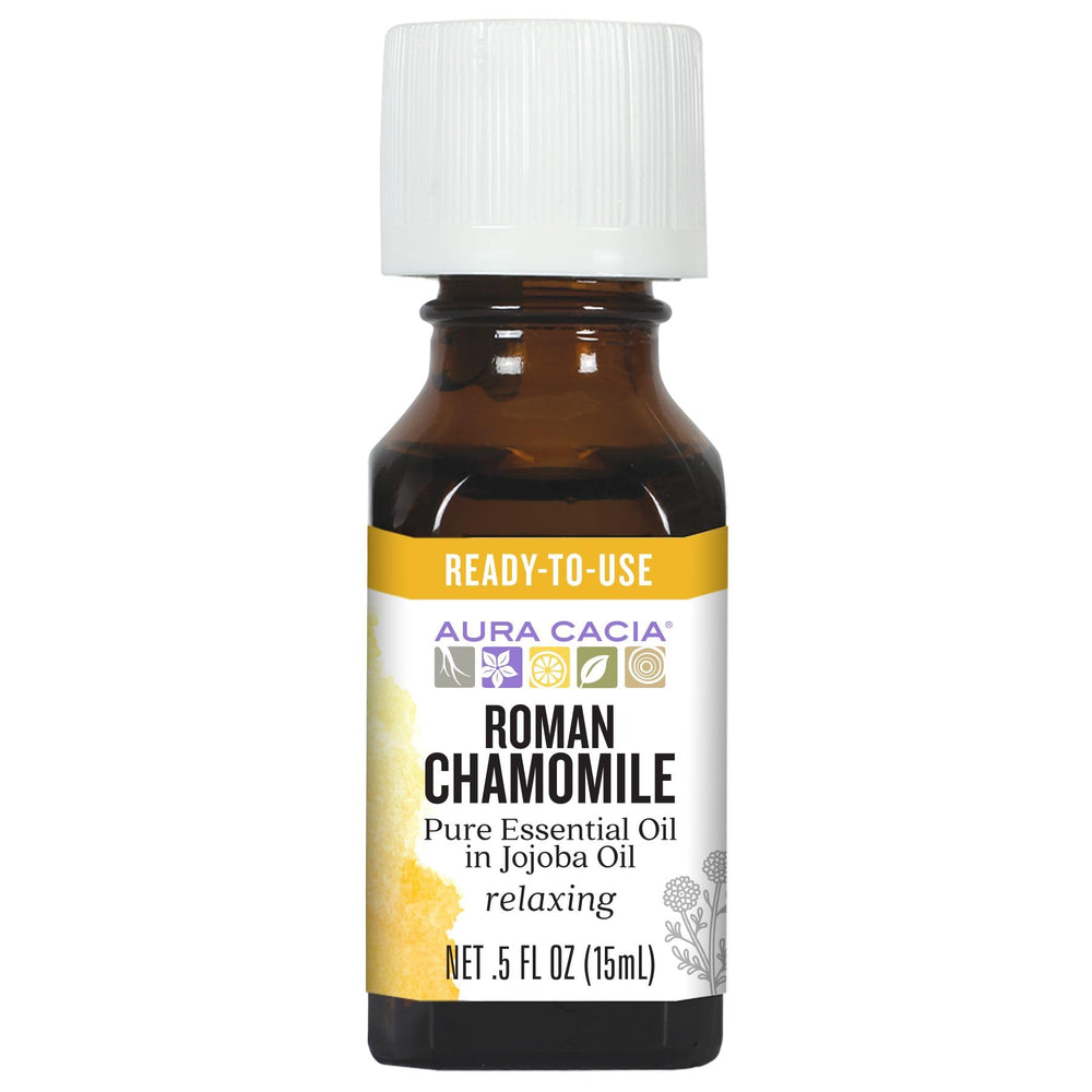 Aura Cacia Roman Chamomile in Jojoba Oil bottle on white background