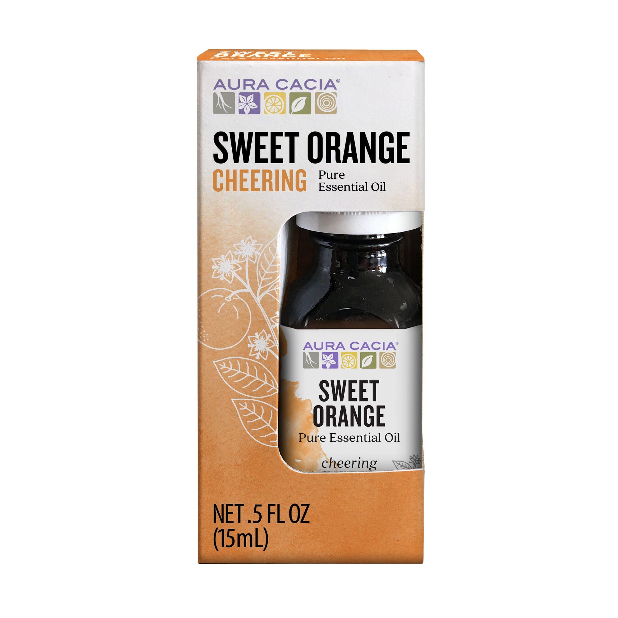 Aura Cacia Sweet Orange Essential Oil 0.5 oz bottle on white background