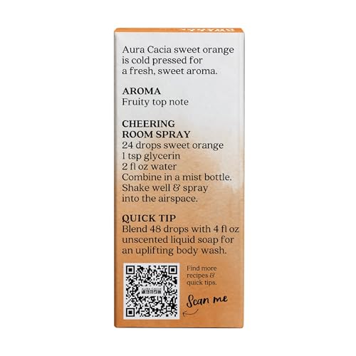 Close-up of Aura Cacia Sweet Orange Essential Oil bottle label