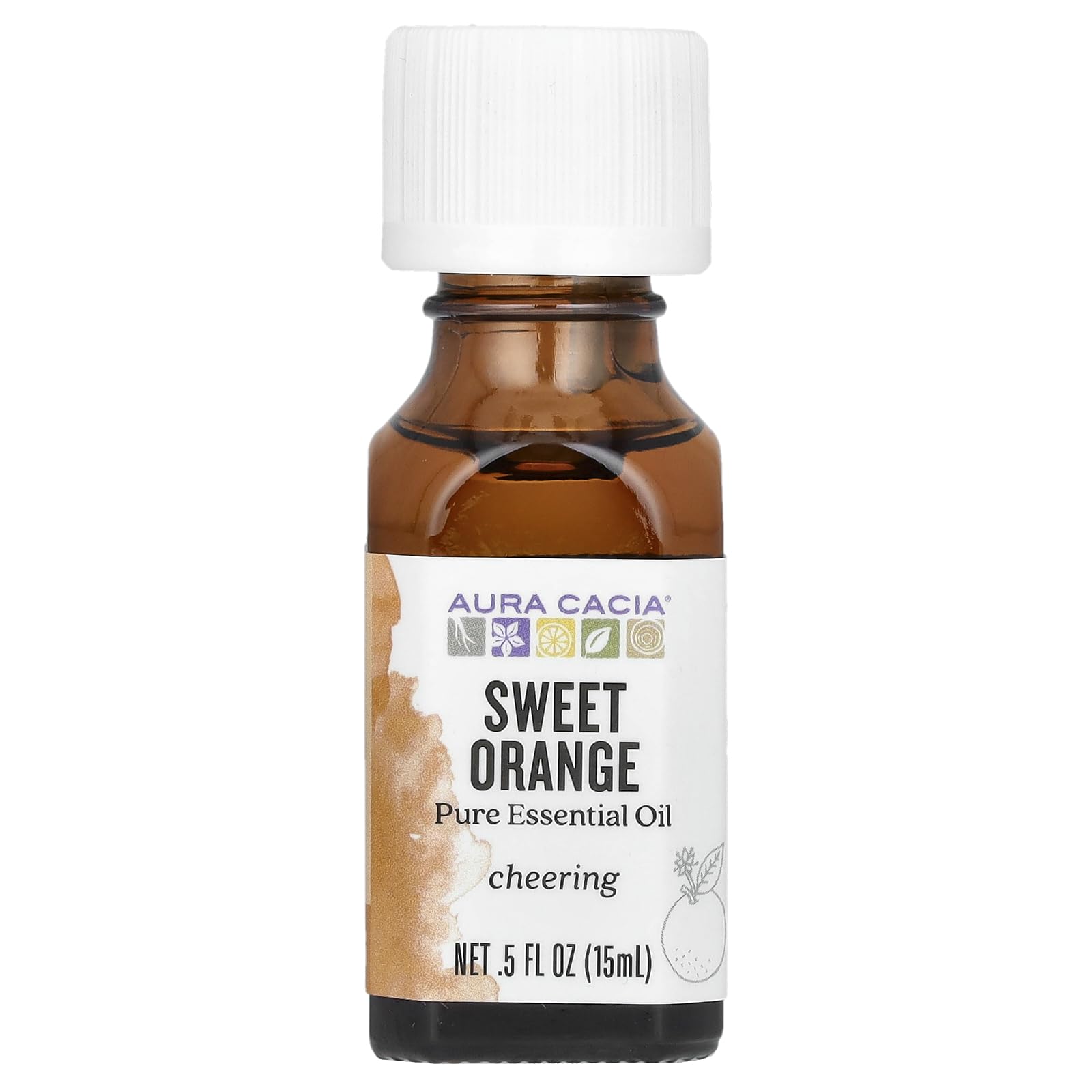 Aura Cacia Sweet Orange essential oil bottle front; uplifting citrus aroma for mood enhancement.