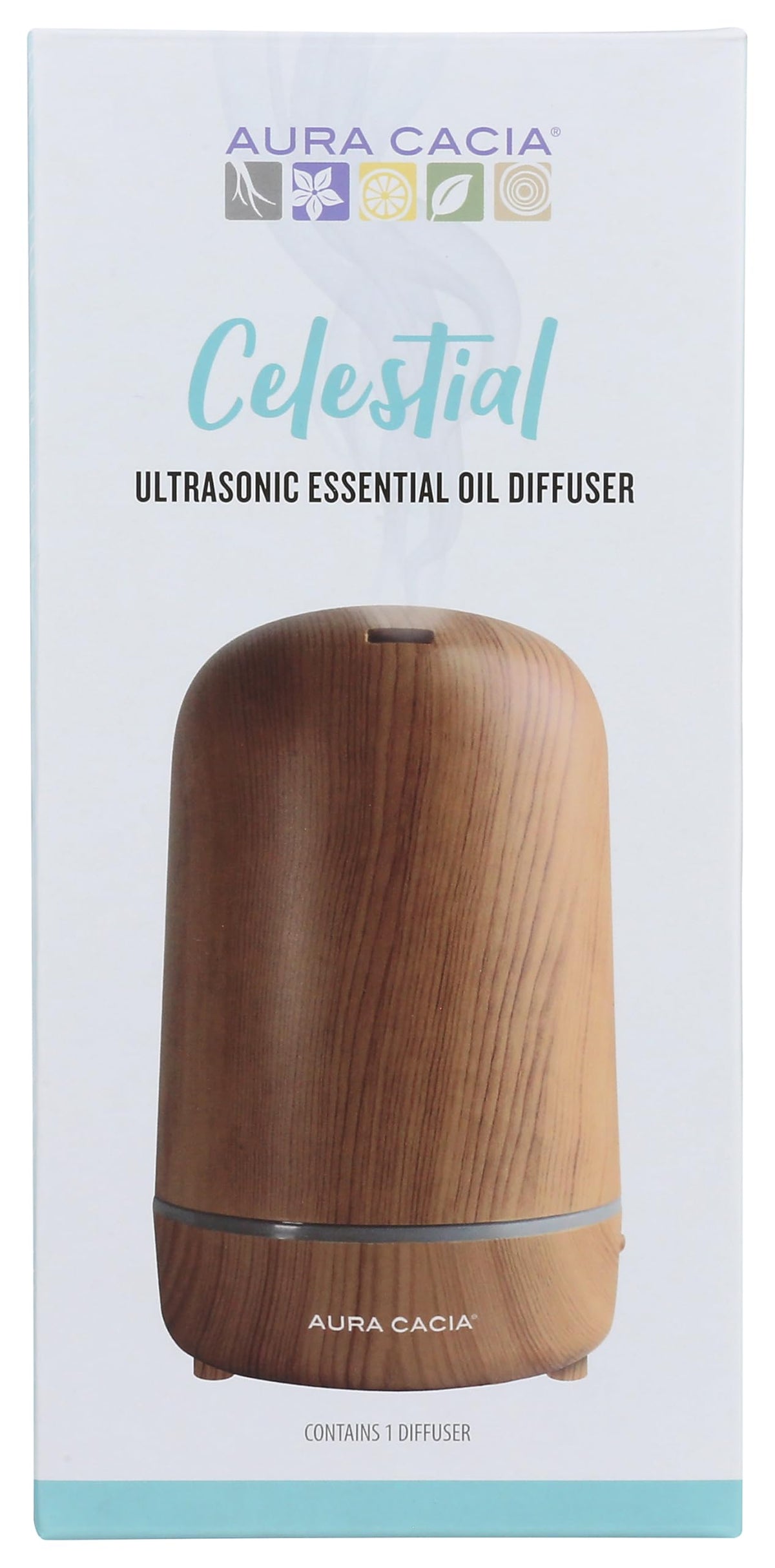 Aura Cacia wood grain diffuser closeup, natural finish, calming ambiance