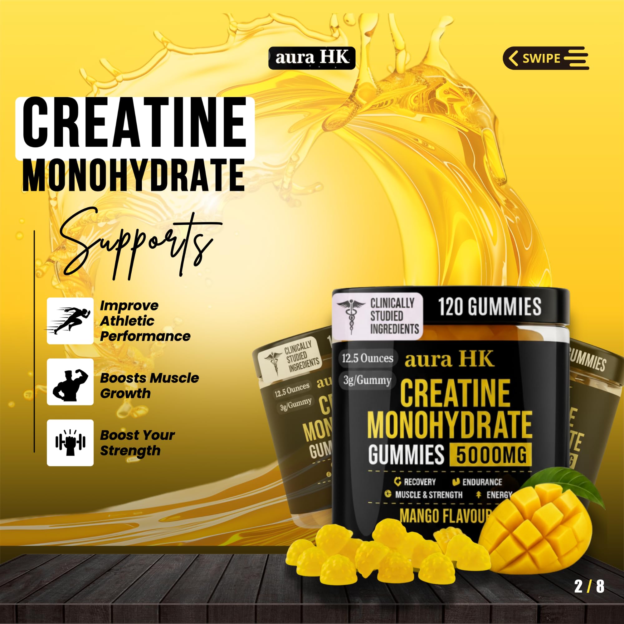 Serving suggestion of Aura HK Creatine Monohydrate Gummies Mango flavor (4 gummies)