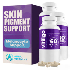 Aura Vitamins Vitiligo Capsules bottle showing balanced skin pigmentation support.
