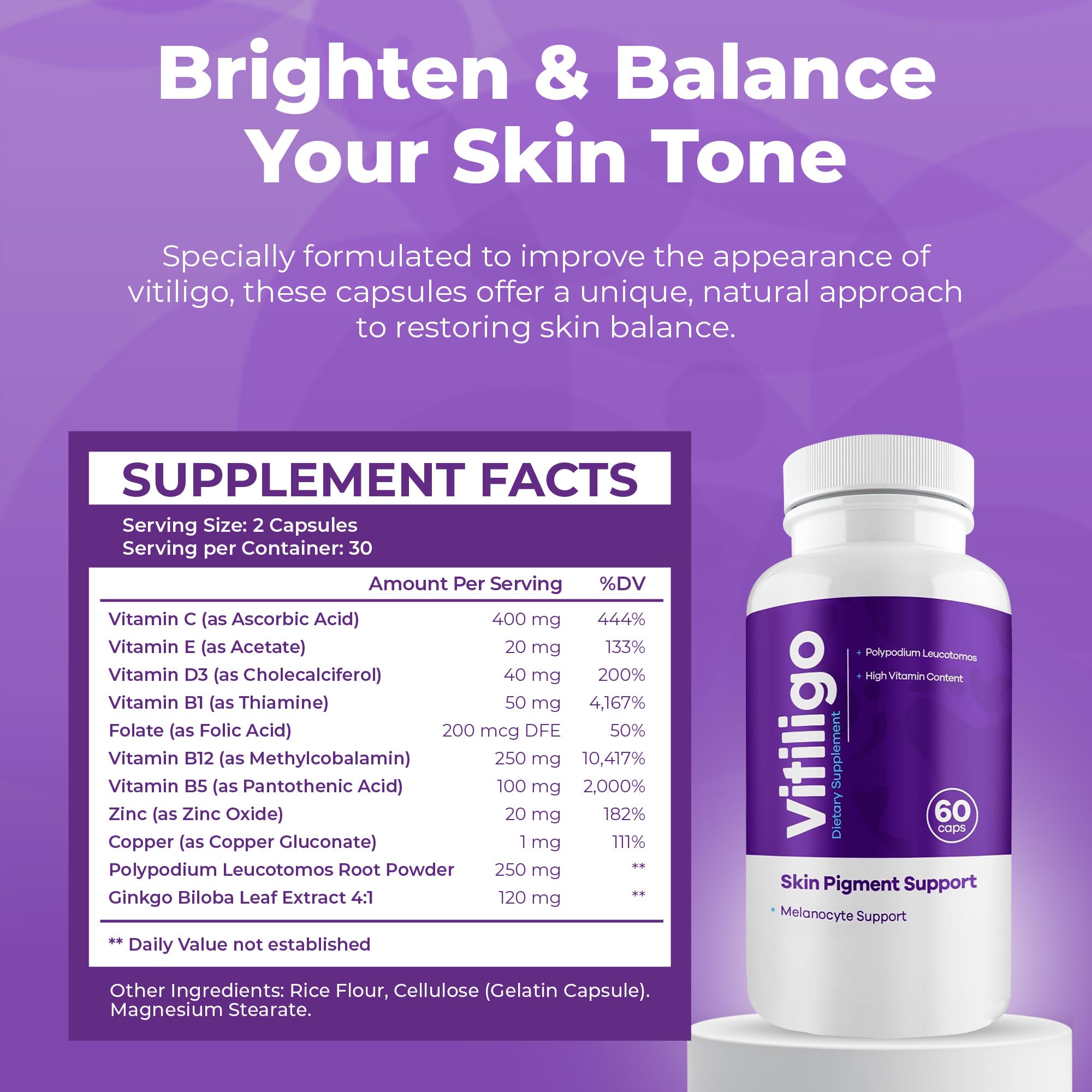 Aura Vitamins Vitiligo Capsules label detailing safe, natural ingredients.