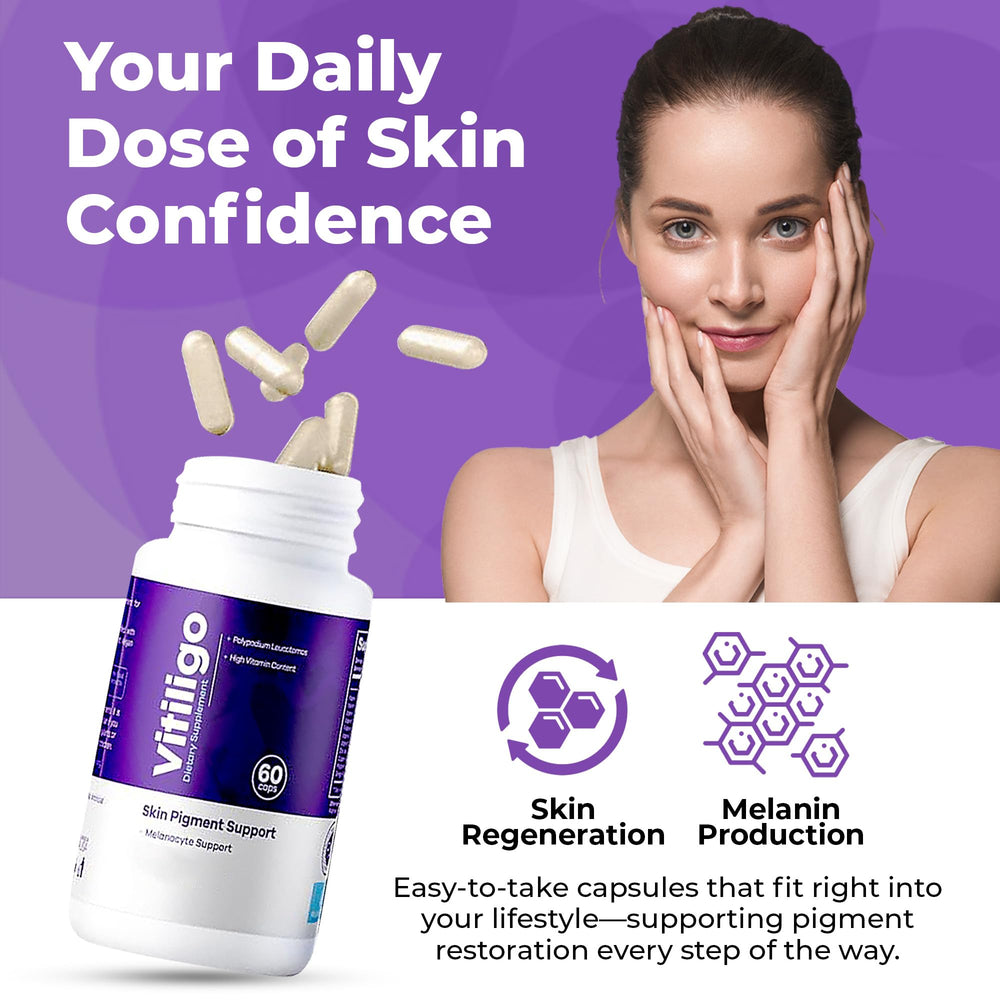 Aura Vitamins Vitiligo Capsules pour demonstrating easy daily dose.