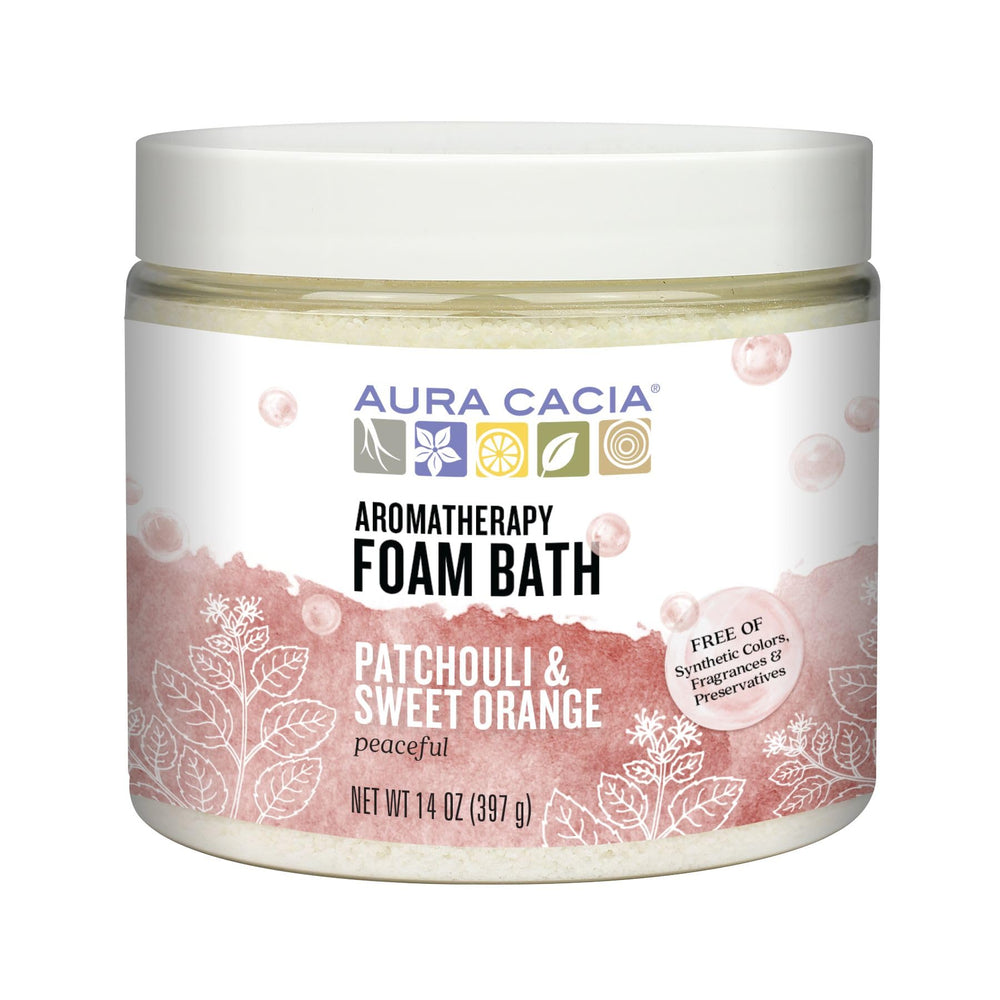 Aura Cacia Aromatherapy Foam Bath Peaceful Patchouli and Sweet Orange bottle 14 oz