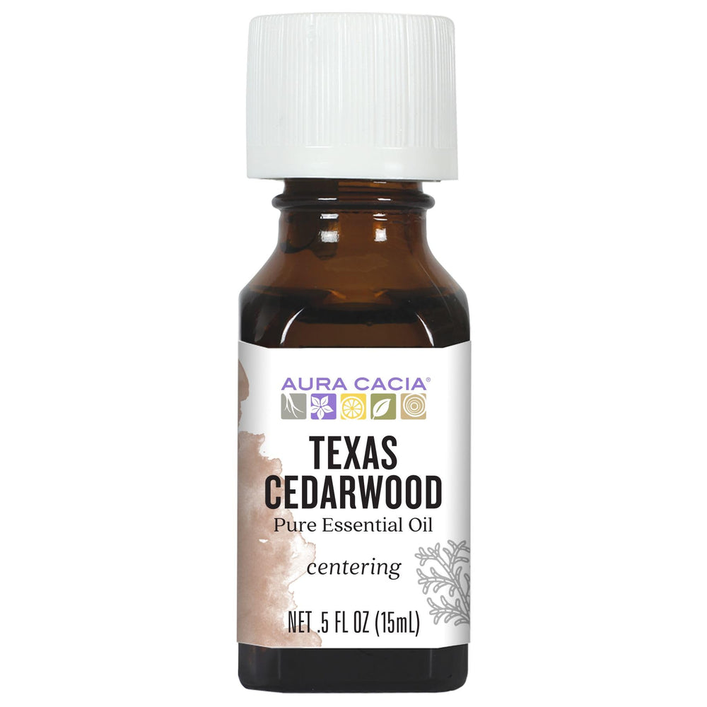 Aura Cacia Texas Cedarwood essential oil bottle with label