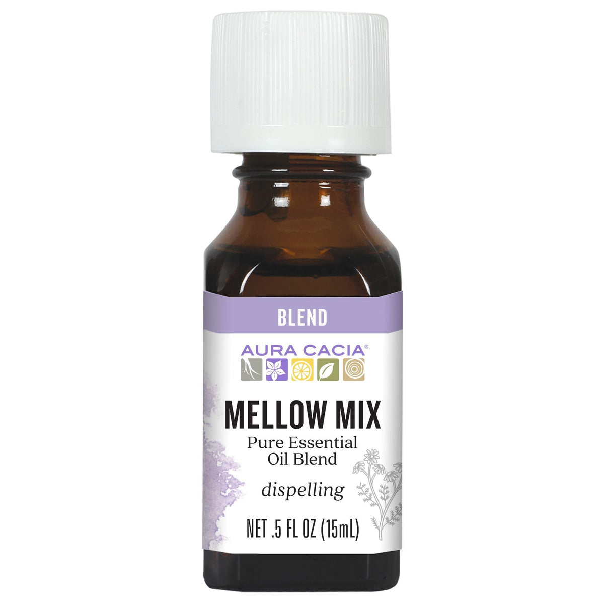 Aura Cacia Mellow Mix bottle closeup highlights calming lavender blend for relaxing routines.