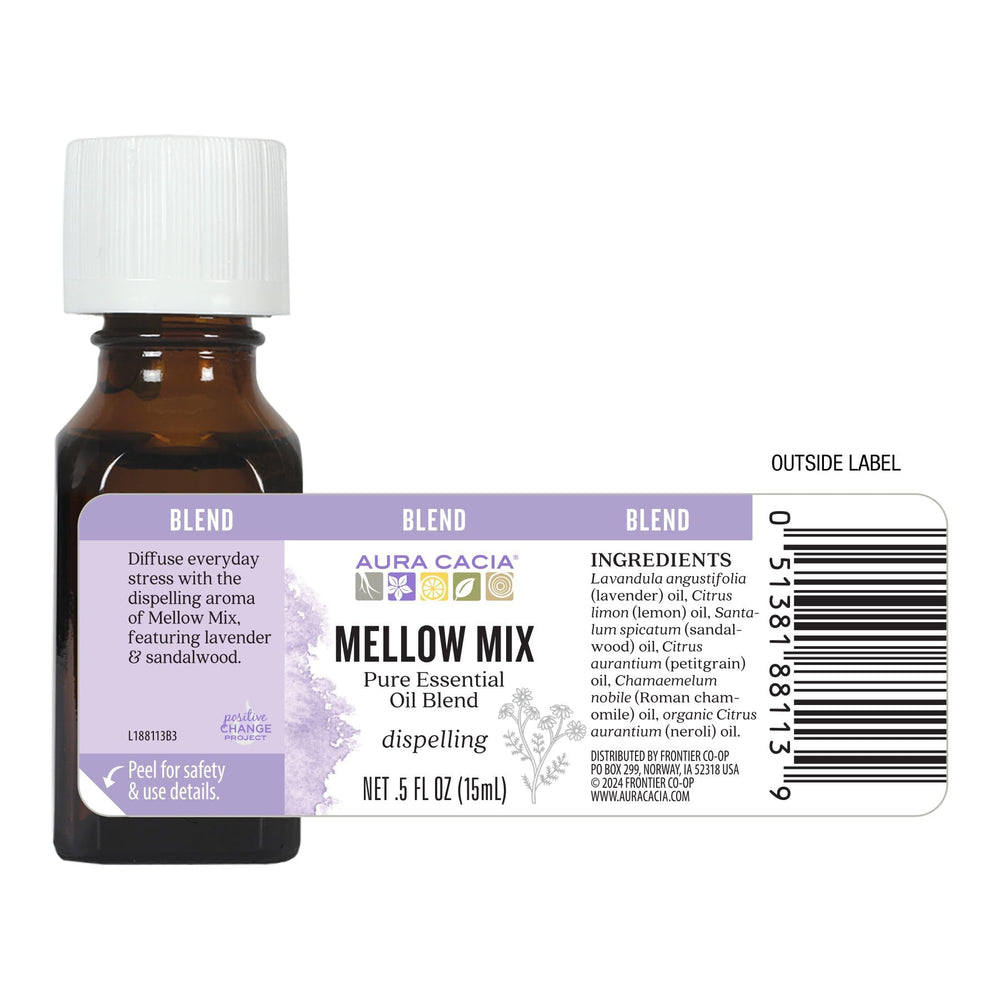 Aura Cacia Mellow Mix recyclable packaging emphasizes eco-conscious storage.