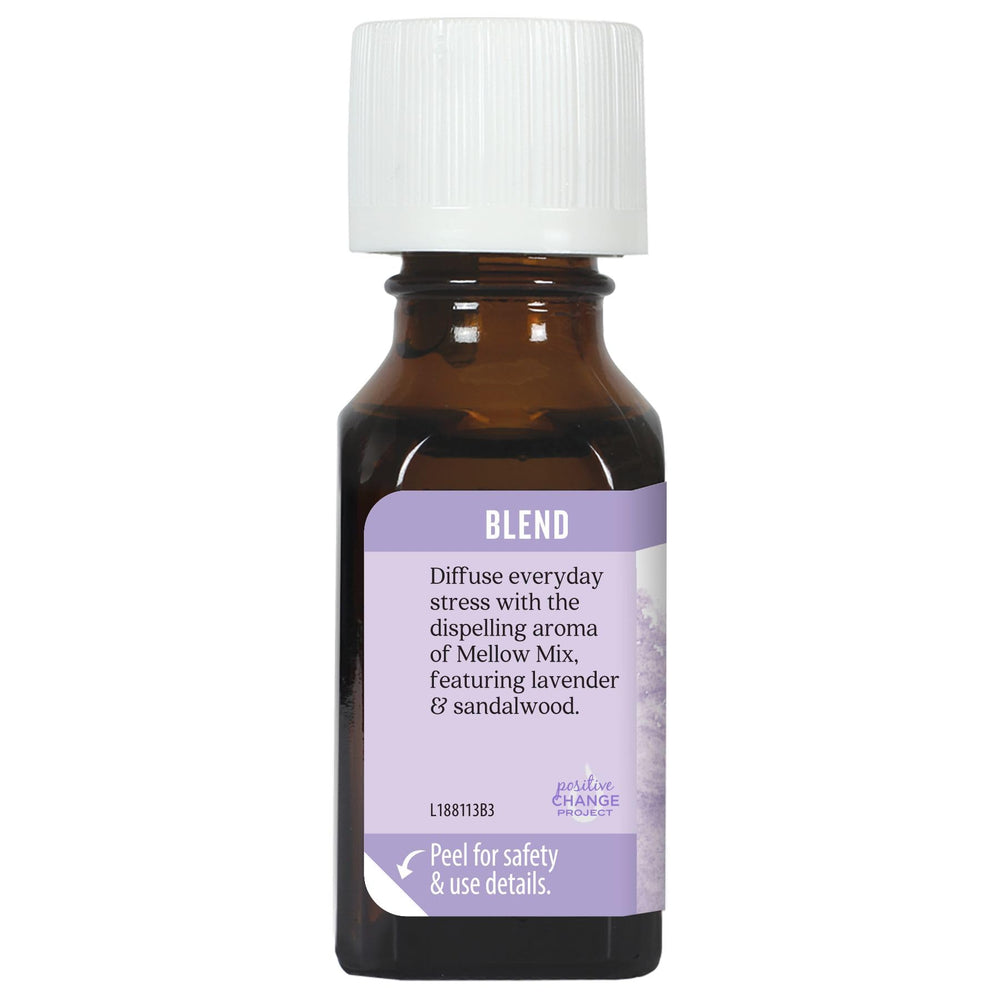 Aura Cacia Mellow Mix topically applied with carrier oil for gentle pulse-point calm.