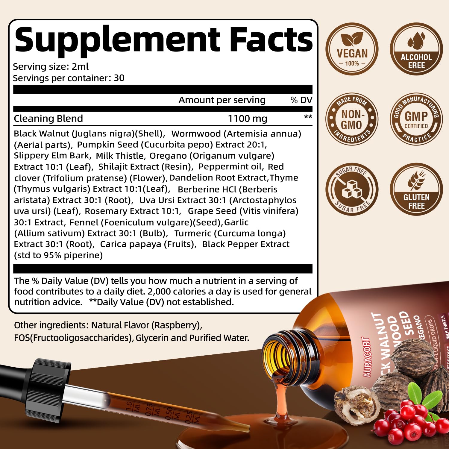 AURACORT 21-in-1 ingredients label with wormwood walnut and clove