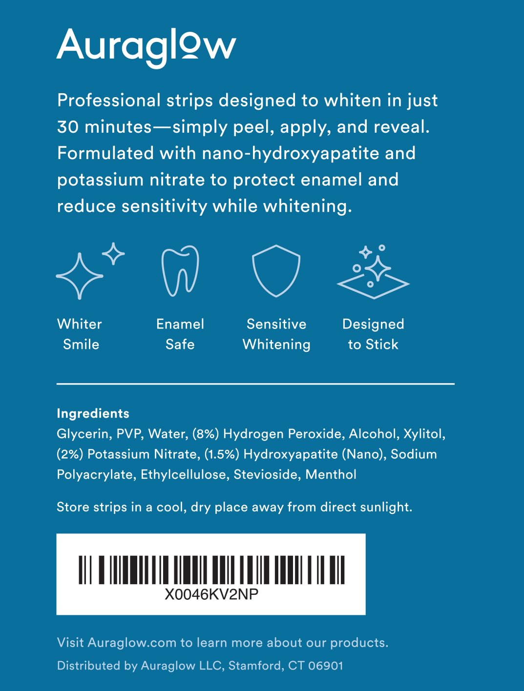 Mint flavor Auraglow whitening strips packaging close-up