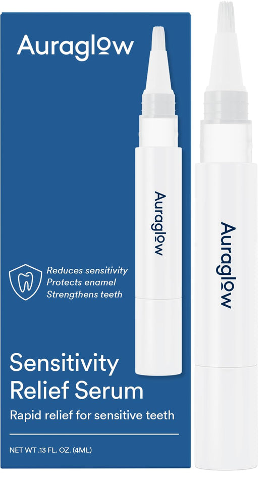 Auraglow Sensitive Teeth Relief Serum Gel bottle and 4ml pen