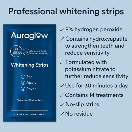 Applying Auraglow whitening strip to teeth in the morning routine