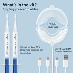 Box and packaging showing 12 whitening treatments and kit contents