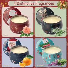 Four 4.4 oz soy wax scented candles in tins