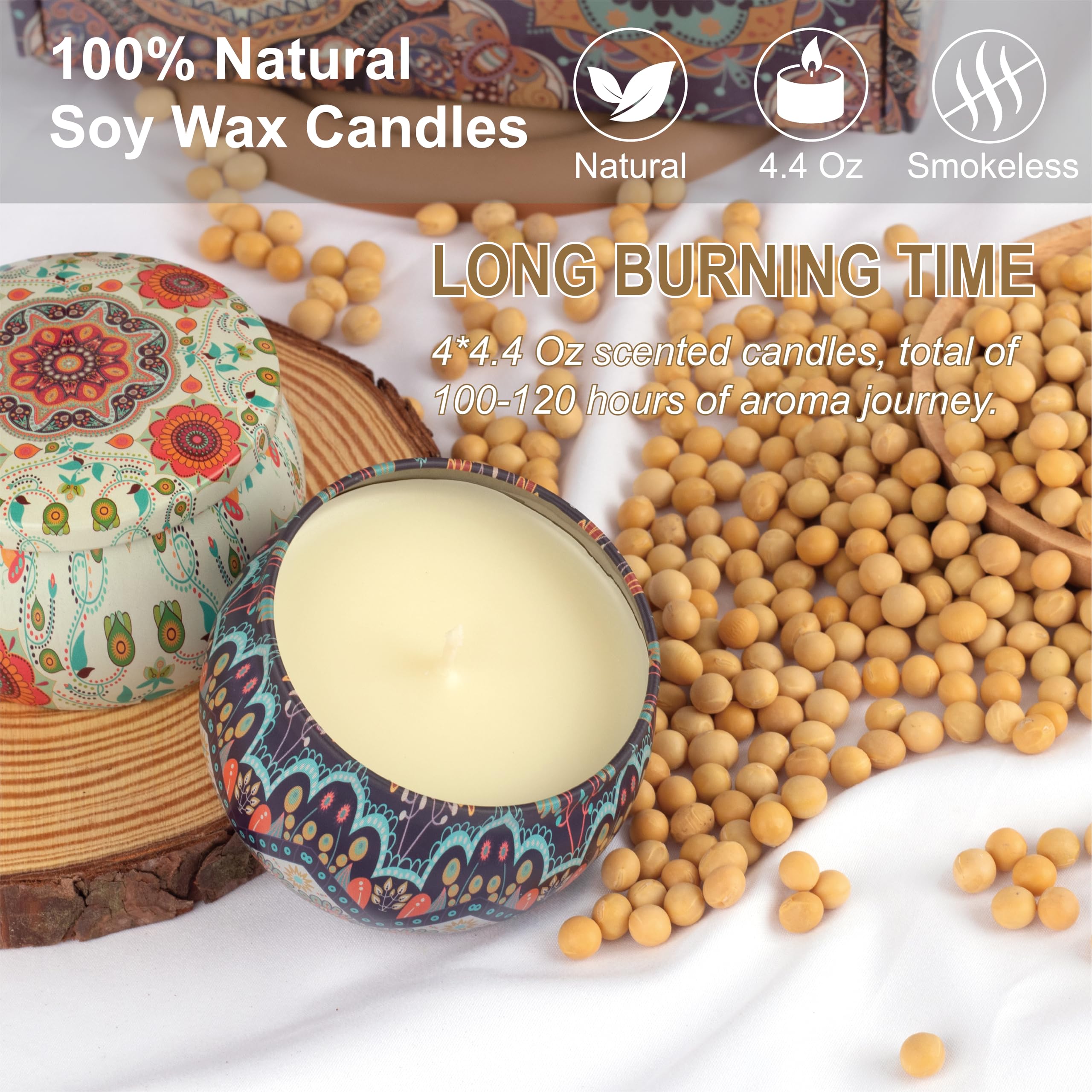 Close up of each 4.4 oz candle tin in the Auralome set