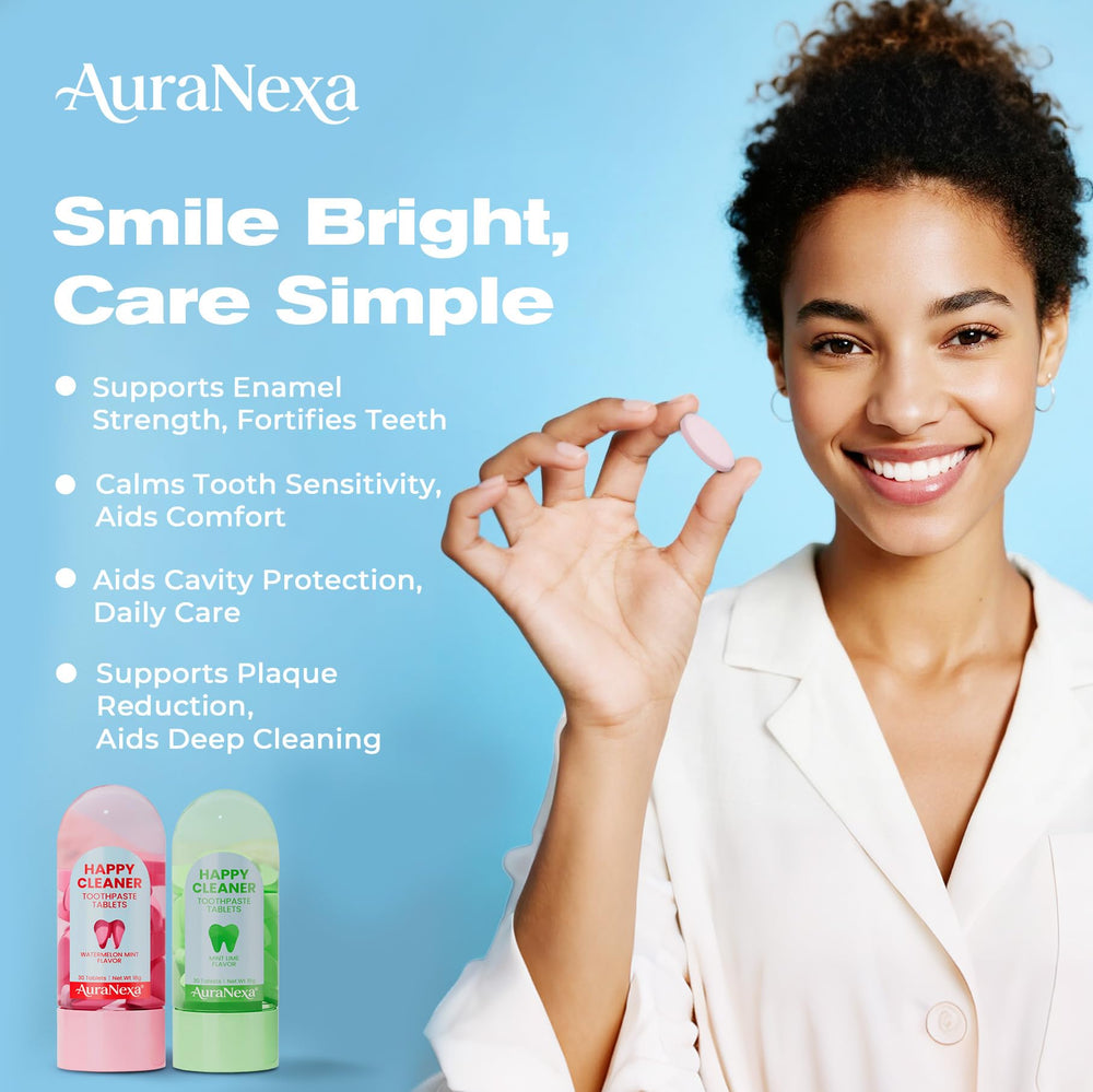 Travel-friendly glass jar packaging for Auranexa toothpaste tablets