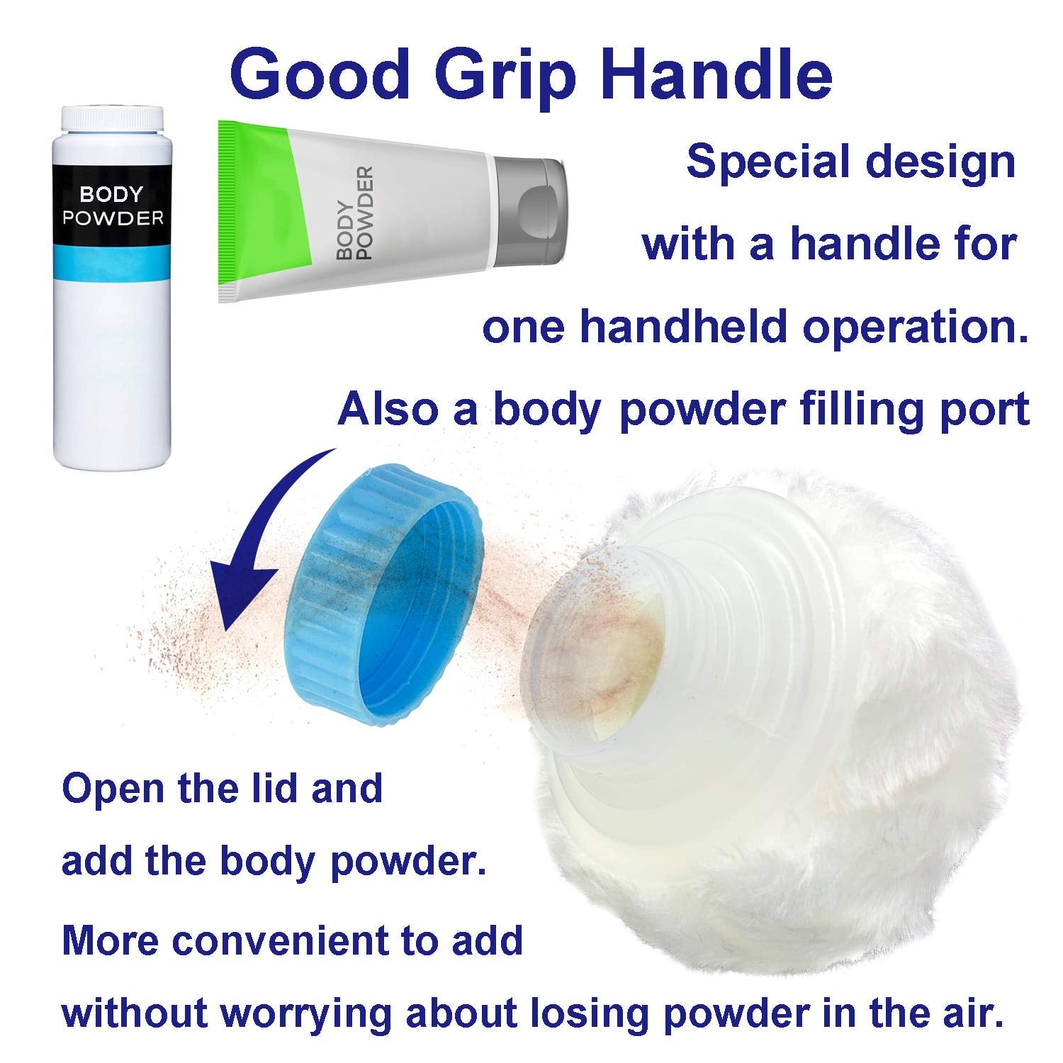 AURASIN puff with handle for easy one-handed use.