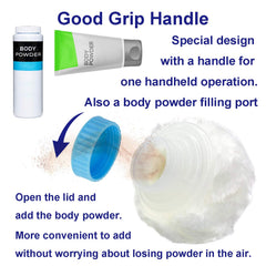 AURASIN puff with handle for easy one-handed use.