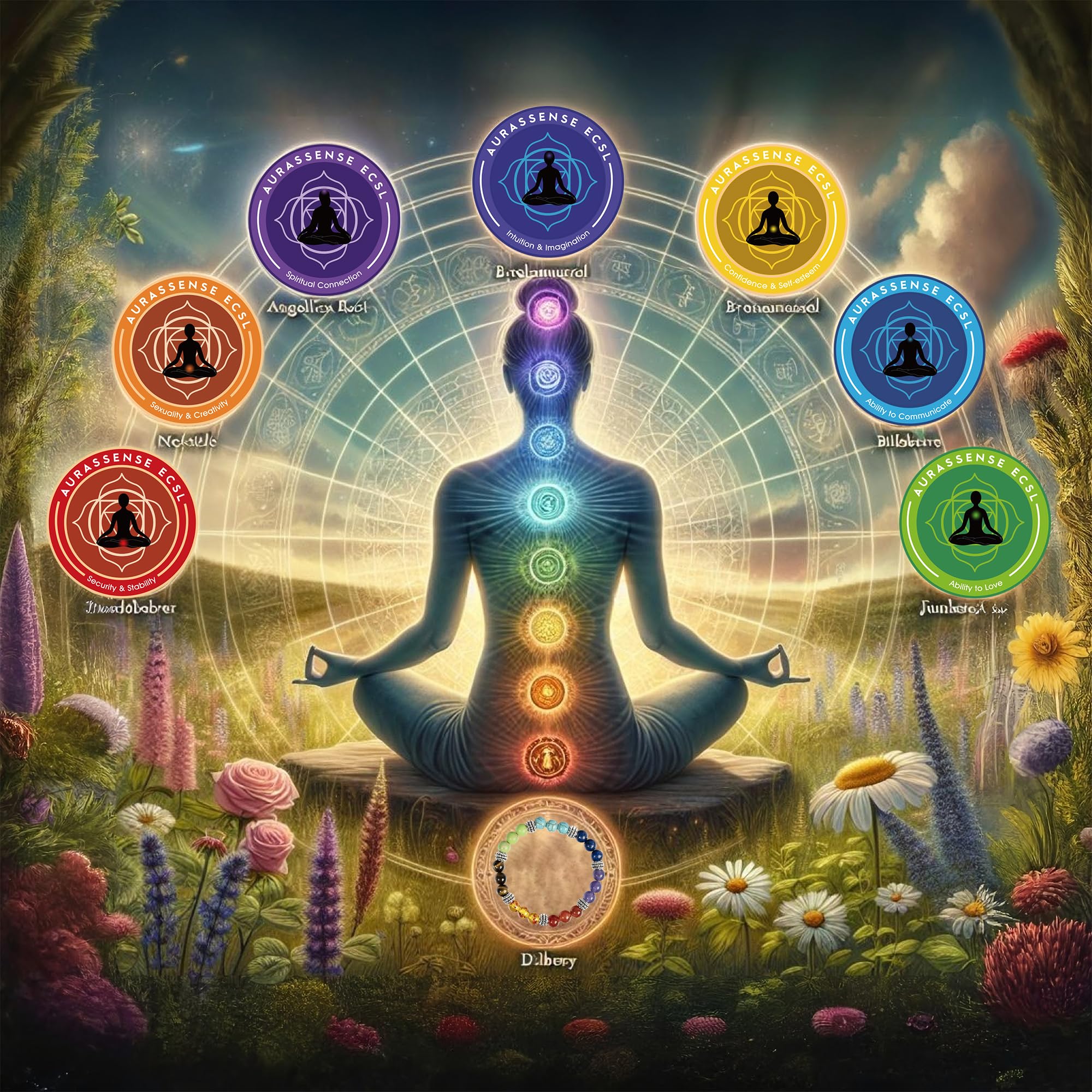 AurassenseECSL seven chakra candles crystals closeup shows Amethyst, Citrine, Rose Quartz energy cues.