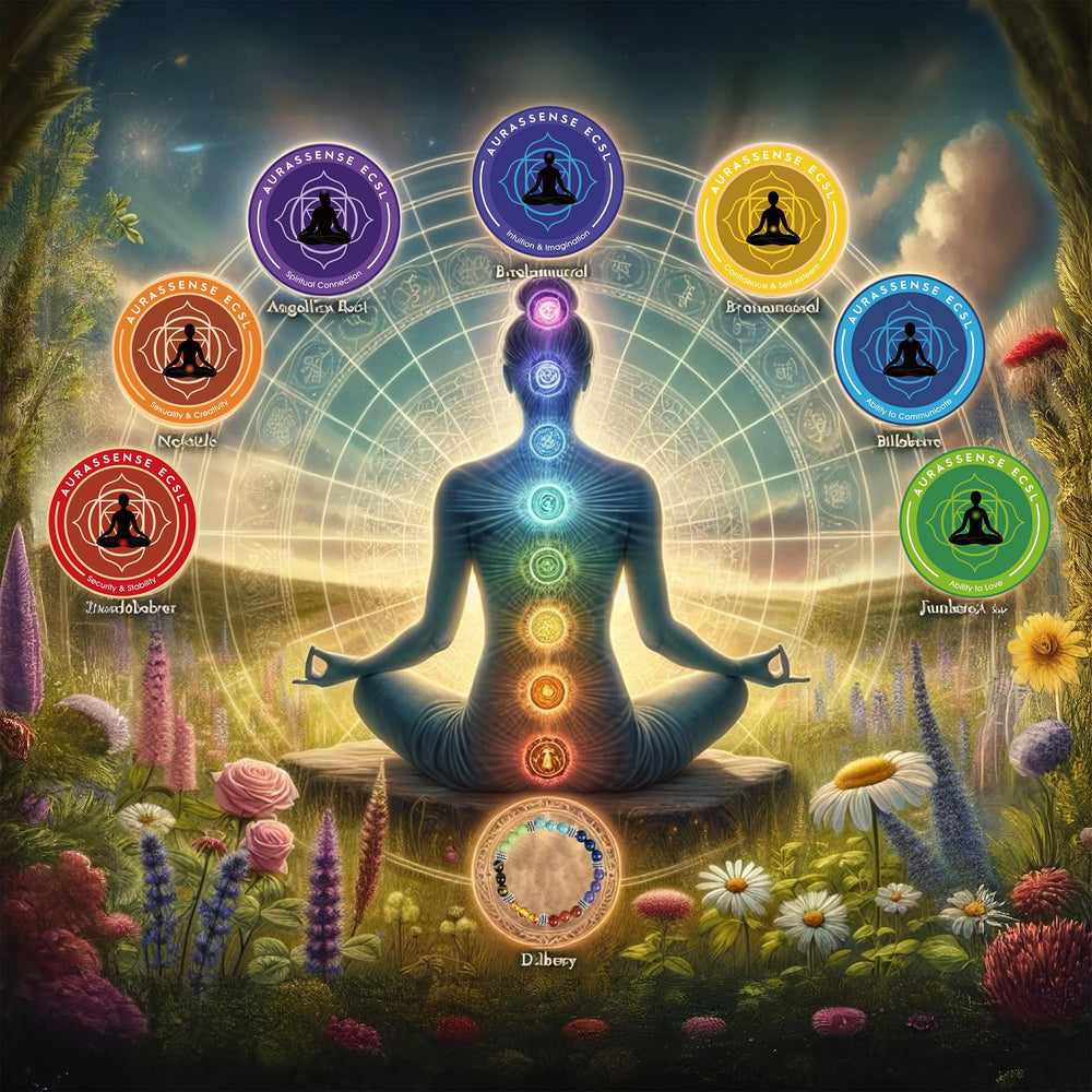 AurassenseECSL seven chakra candles crystals closeup shows Amethyst, Citrine, Rose Quartz energy cues.