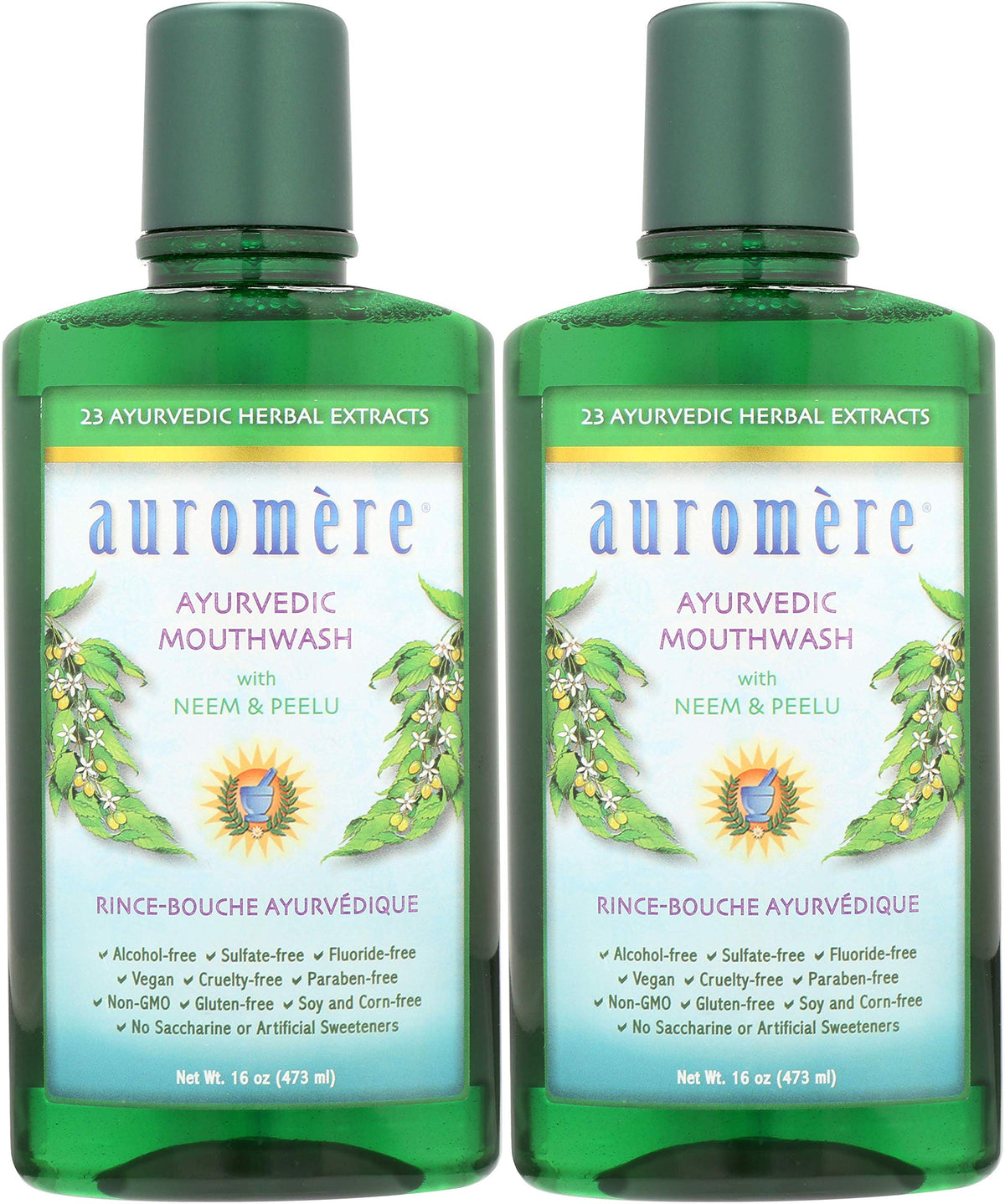 Auromere Ayurvedic Mouthwash bottle 16 oz in a 2-pack on a clean surface