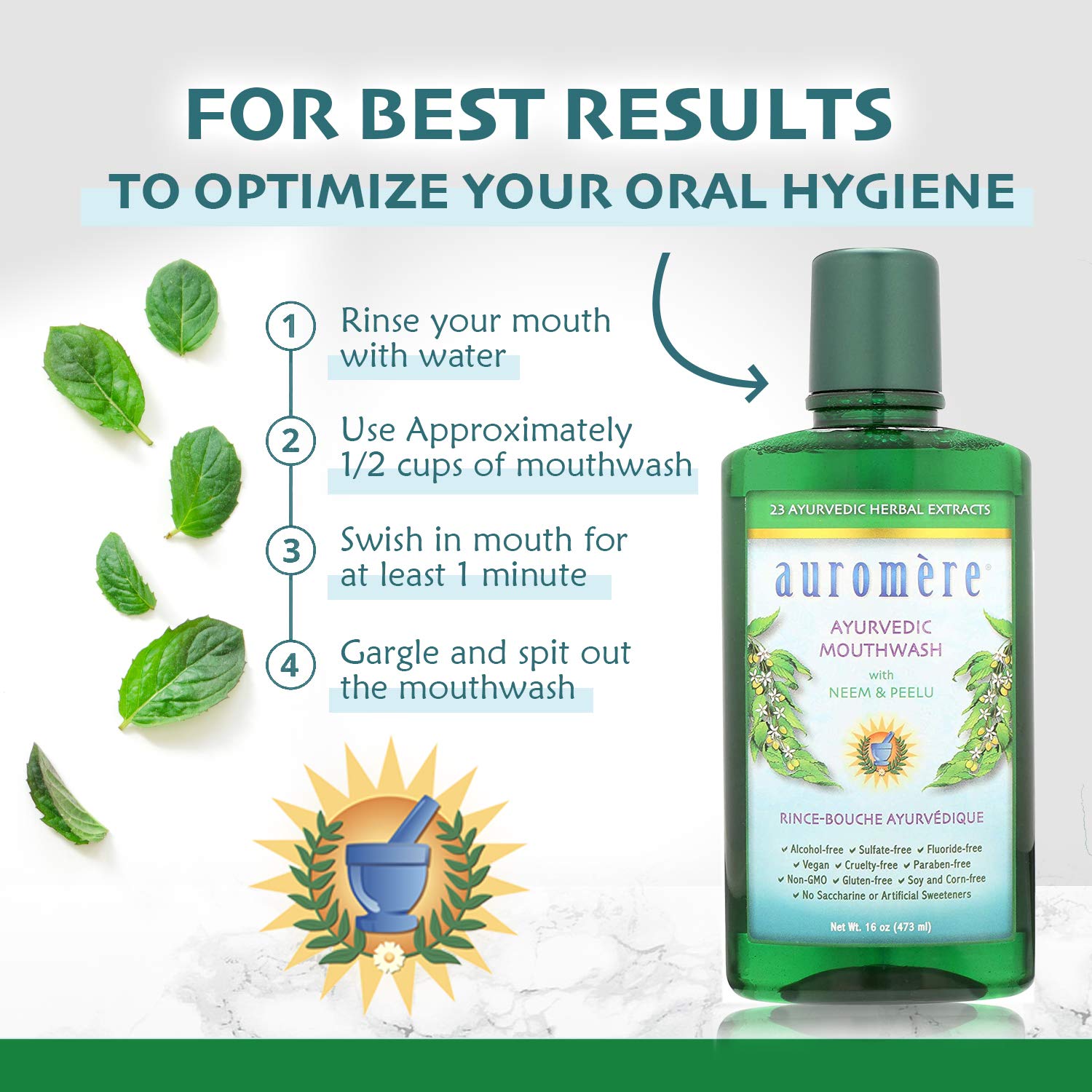 Teeth and gums with fresh breath concept featuring Auromere mouthwash