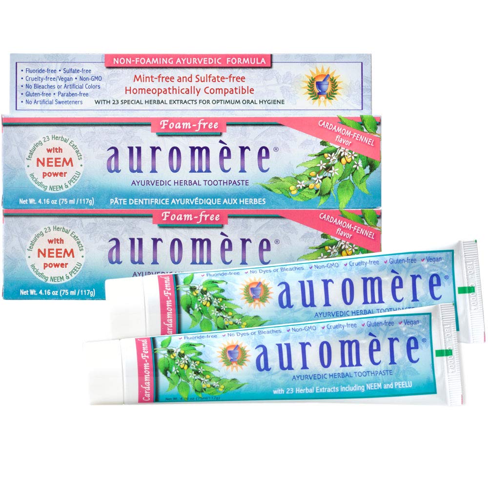 Auromere Ayurvedic Toothpaste Cardamom Fennel Foam-Free 4.16 oz Tube – 2 Pack