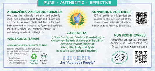 Auromere Mint Free Ayurvedic Toothpaste 4oz 2-Pack – back panel ingredients