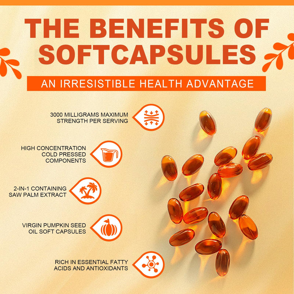 Graphic showing 3000 mg pumpkin seed oil and 300 mg saw palmetto per dose