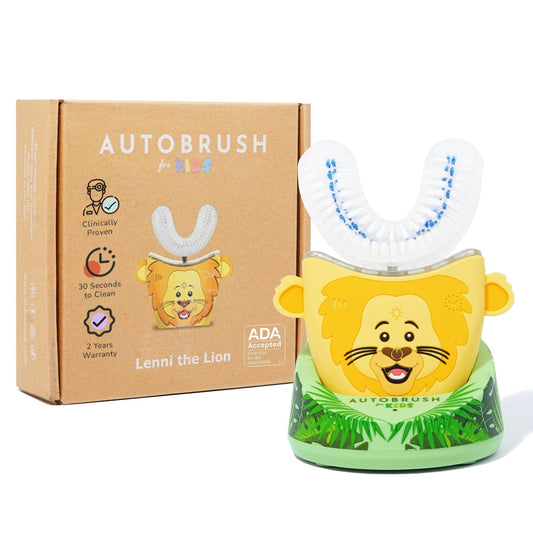 Front view of Autobrush Kids Lion-themed U-shaped toothbrush