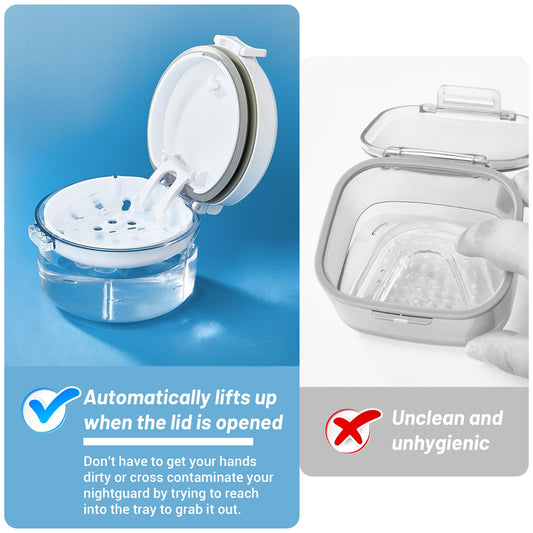 Denture bath box cup with lid open showing detachable strainer basket