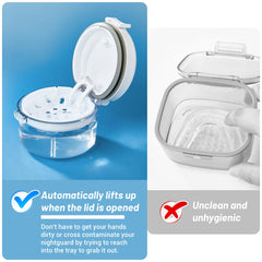 Denture bath box cup with lid open showing detachable strainer basket