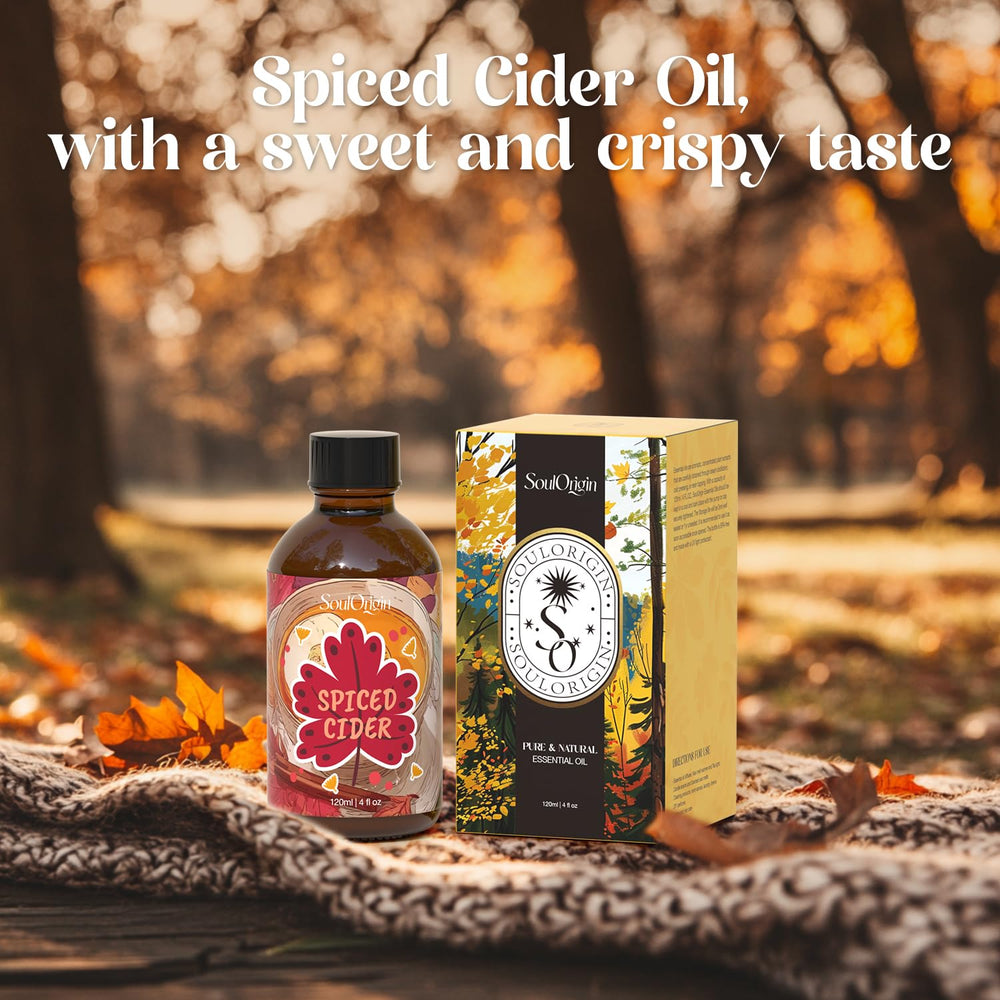 Close-up of autumn Spiced Cider essential oil with cinnamon and nutmeg