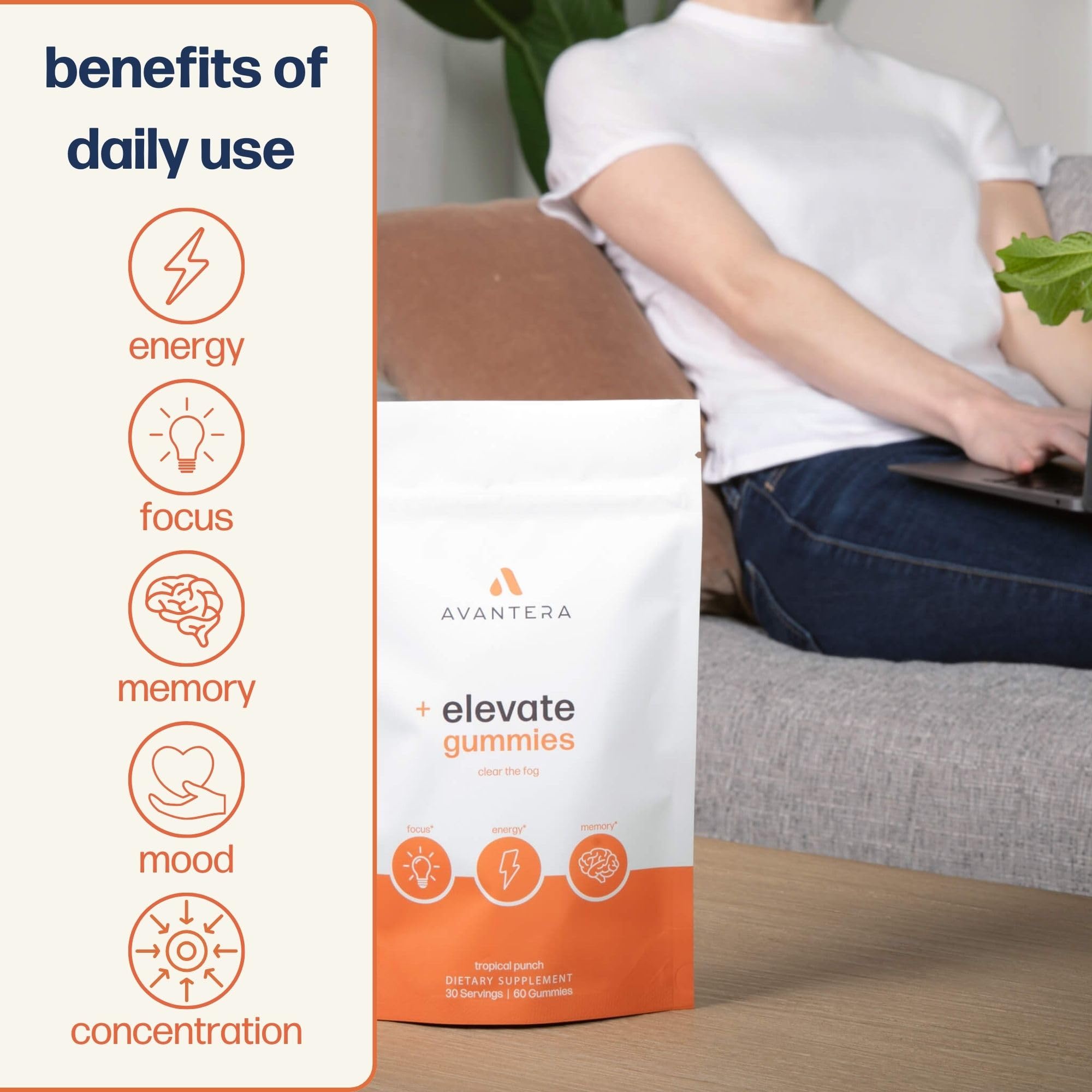 Close-up of Avantera Elevate gummies highlighting chewy texture and focus-enhancing formula