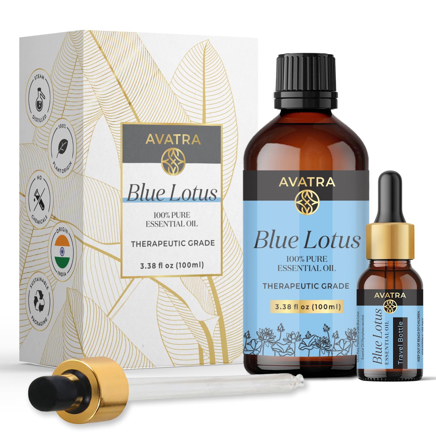 Avatra Blue Lotus Essential Oil bottle with travel bottle