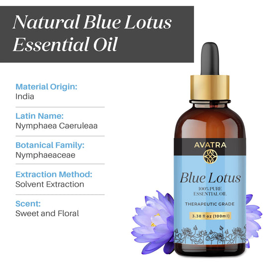 Close-up of Blue Lotus essential oil bottle