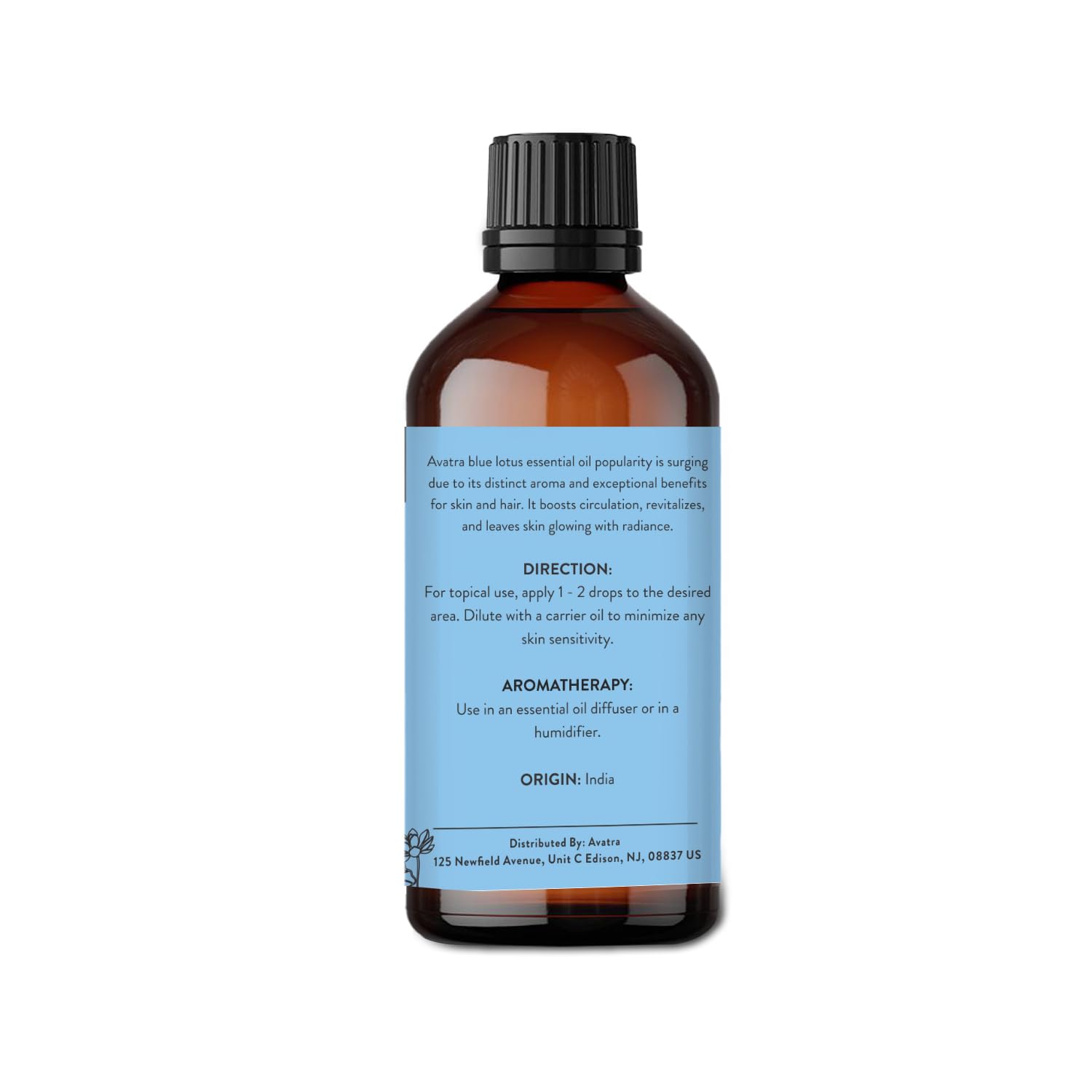 Therapeutic grade Avatra Blue Lotus Essential Oil label