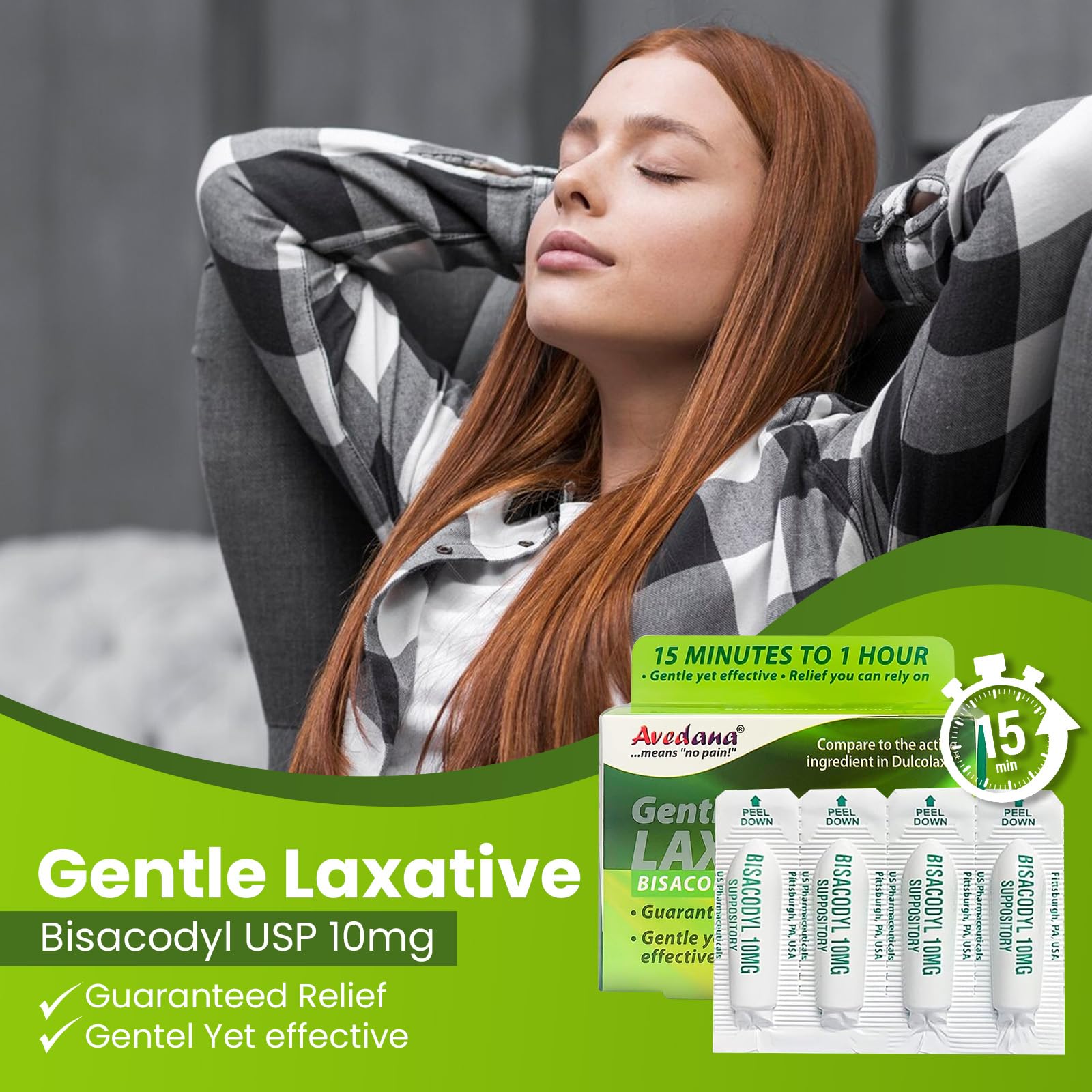 AVEDANA Bisacodyl suppository fast-relief-15min suggests potential relief within minutes.