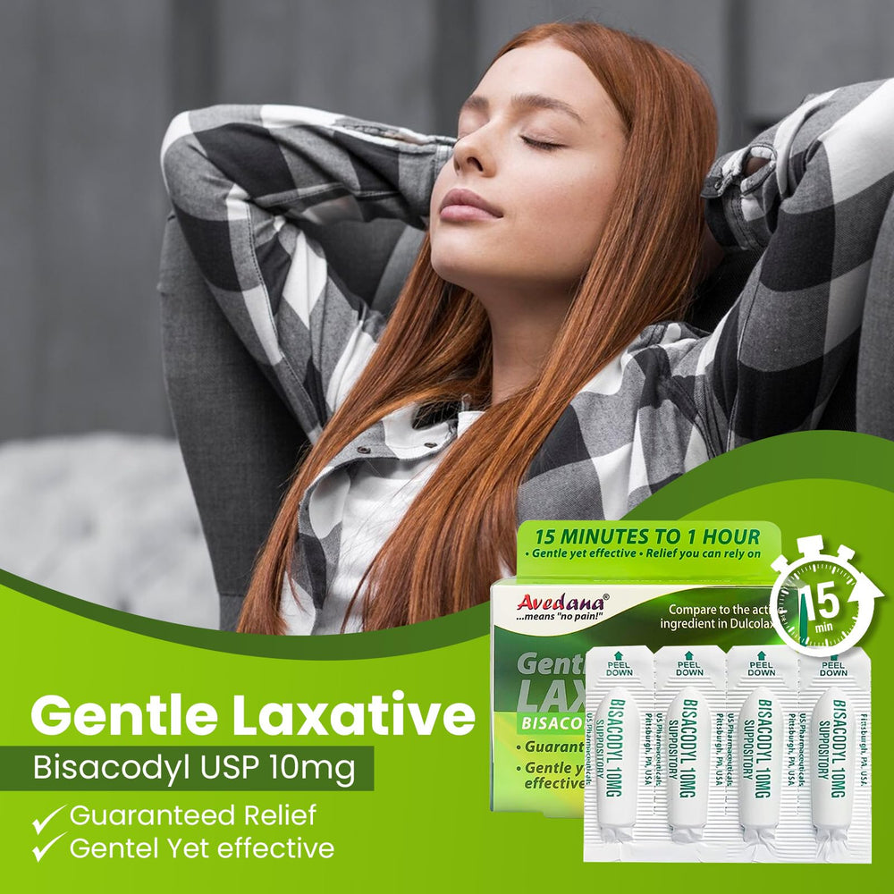 AVEDANA Bisacodyl suppository fast-relief-15min suggests potential relief within minutes.
