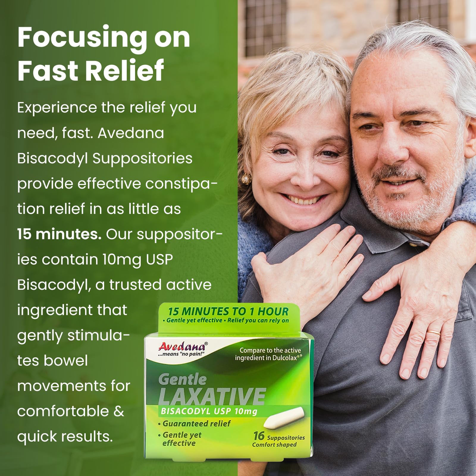 AVEDANA Bisacodyl suppository travel-friendly illustrates on-the-go use when needed.