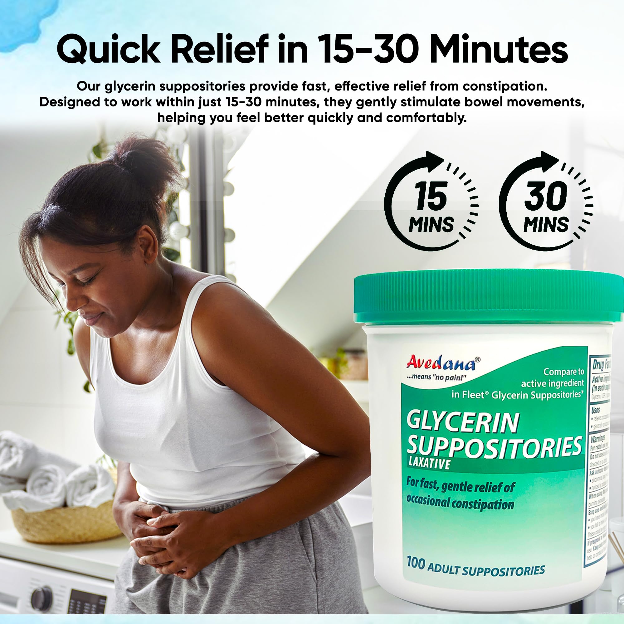 AVEDANA glycerin suppositories ergonomic shape highlights easy, safe insertion during occasional constipation.