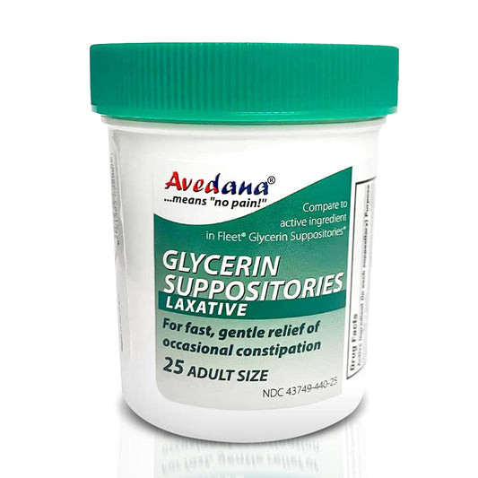 AVEDANA glycerin suppositories packaging display highlighting discreet, gentle constipation relief for adults.