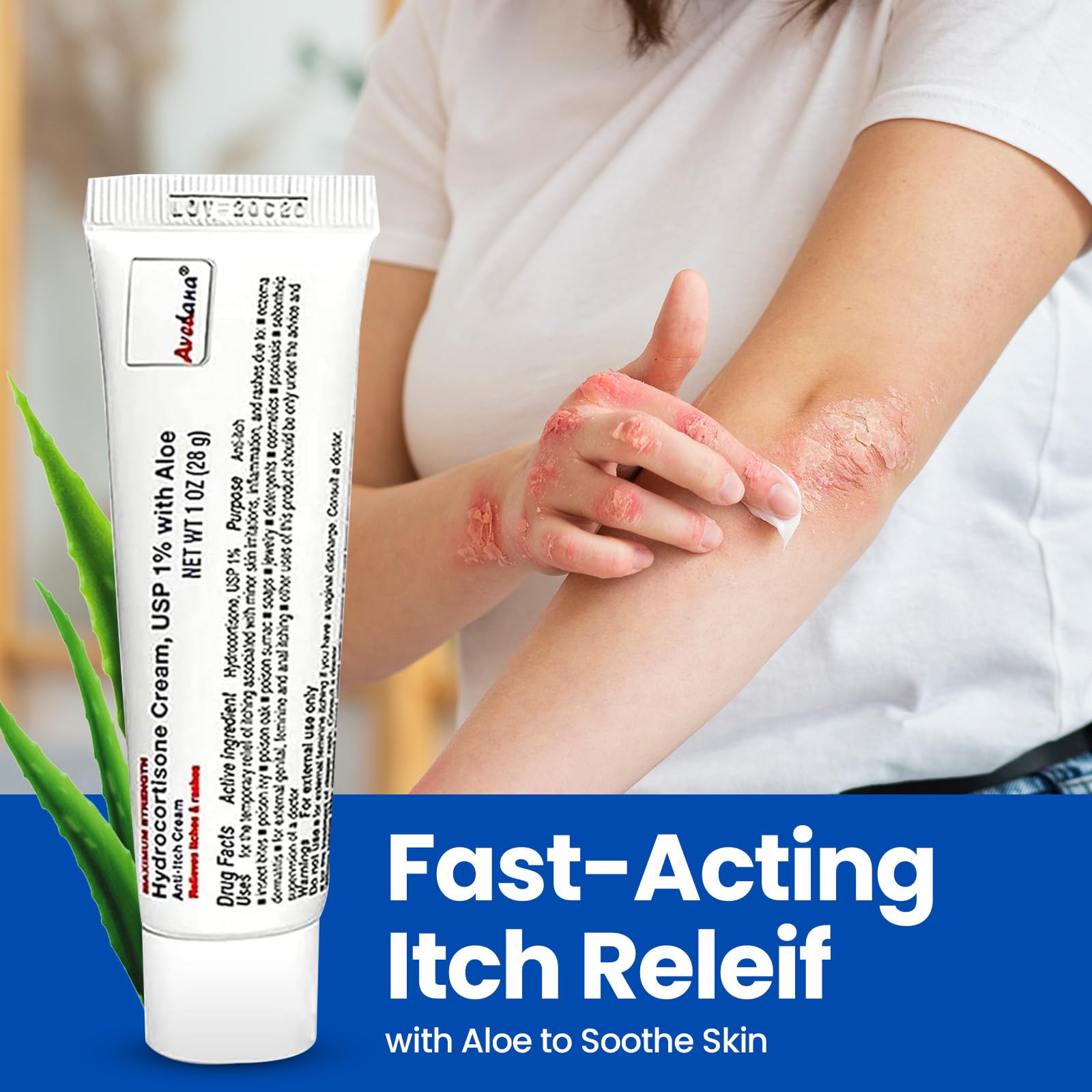 AVEDANA Hydrocortisone Cream label close-up highlighting 1% hydrocortisone.