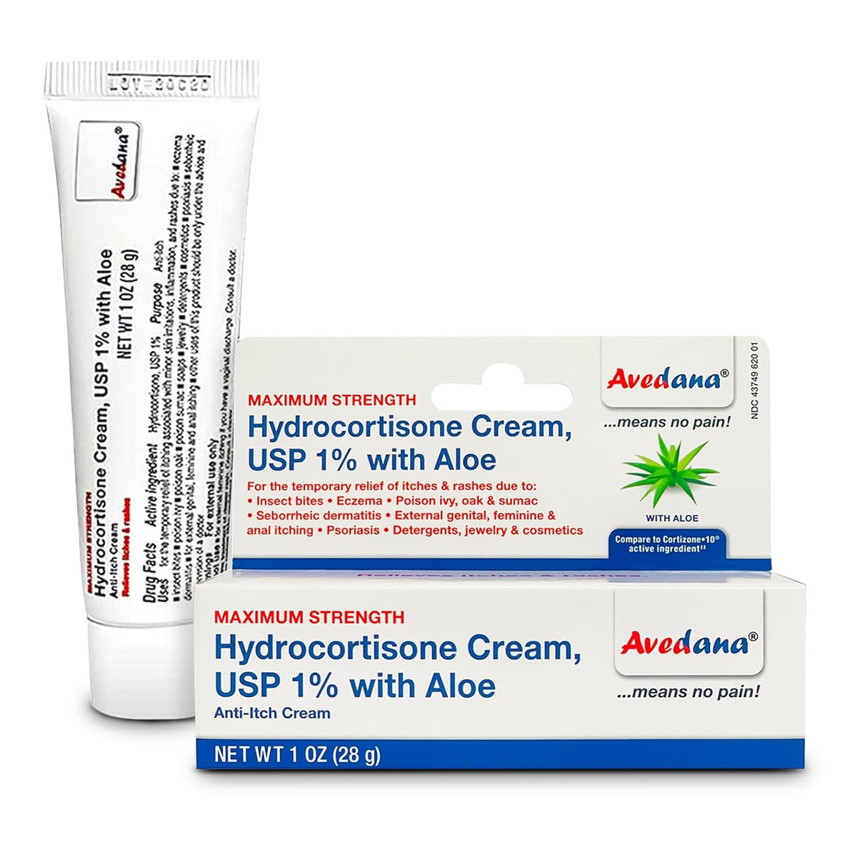 AVEDANA Hydrocortisone Cream 1oz tube front, premium anti-itch formulation for sensitive skin.