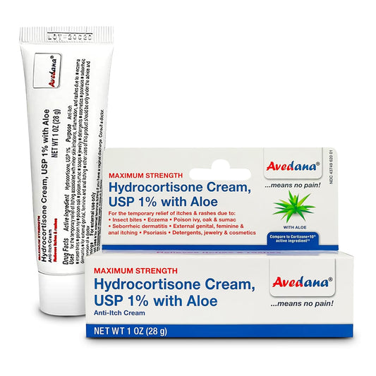 AVEDANA Hydrocortisone Cream 1oz tube front, premium anti-itch formulation for sensitive skin.