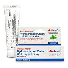 AVEDANA Hydrocortisone Cream 1oz tube front, premium anti-itch formulation for sensitive skin.