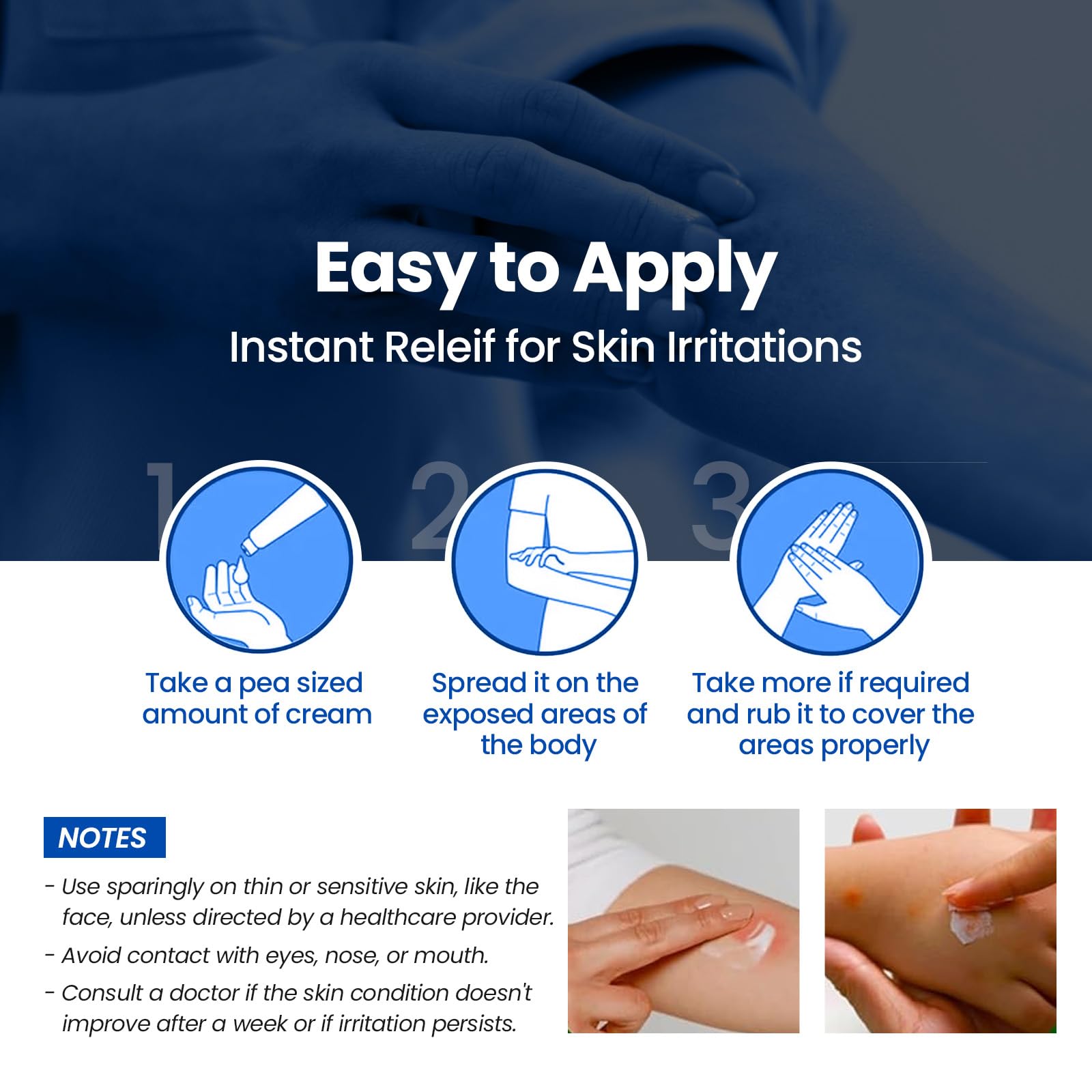 AVEDANA Hydrocortisone Cream application on skin for quick soothing.